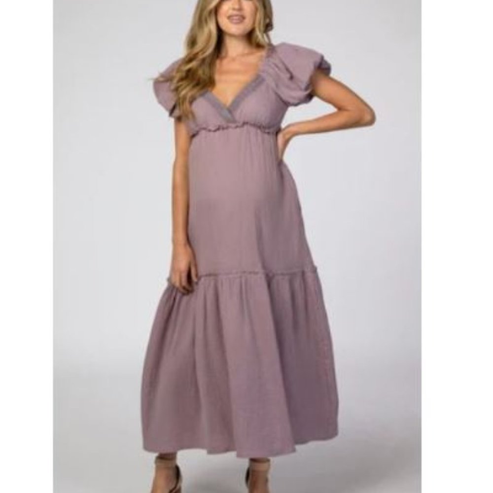 NEW! PinkBlush Lavender Maternity Crochet Trim Ruffle Tiered Maxi Dress
